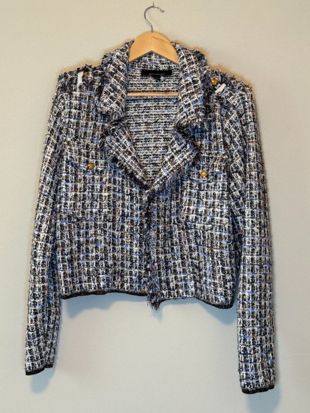 WHBM White House Black Market Tweed Jacket Blue Black White Gold Buttons Large